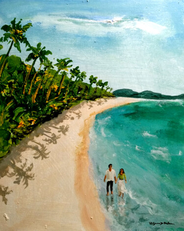 Painting titled "Beach couple" by Vishalandra Dakur, Original Artwork, Oil