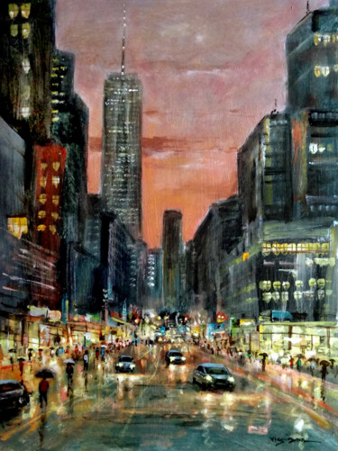 Painting titled "New York City in ra…" by Vishalandra Dakur, Original Artwork, Oil