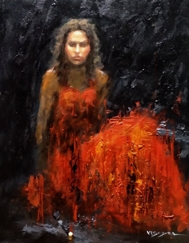 Painting titled "Lady in red" by Vishalandra Dakur, Original Artwork, Oil