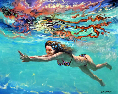 Painting titled "Girl swimming26" by Vishalandra Dakur, Original Artwork, Acrylic