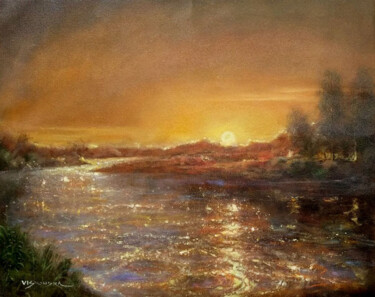 Painting titled "Golden lake" by Vishalandra Dakur, Original Artwork, Oil