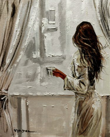 Painting titled "Girl by window12" by Vishalandra Dakur, Original Artwork, Oil
