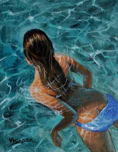 Painting titled "Girl swimming55" by Vishalandra Dakur, Original Artwork, Oil
