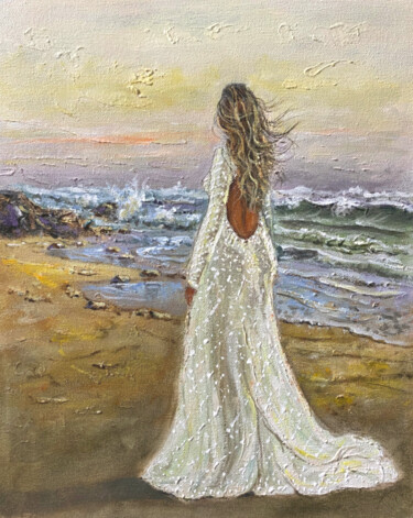 Painting titled "Beach girl walking" by Vishalandra Dakur, Original Artwork, Oil