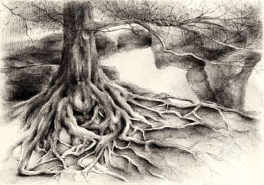 Dibujo titulada "Root and sandstone" por Adriana Mueller, Obra de arte original, Tinta