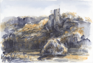 Painting titled "Historic castle in…" by Adriana Mueller, Original Artwork, Watercolor