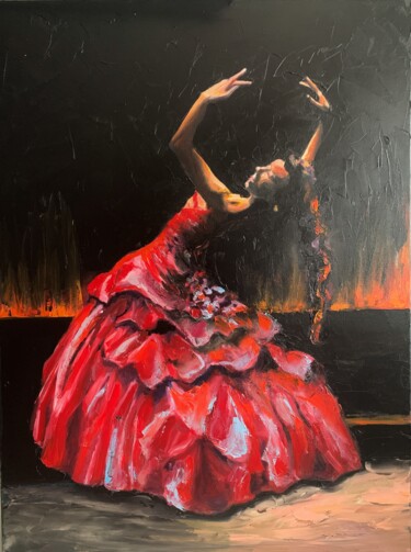 Painting titled "Dancer in a red dre…" by Vita Schagen, Original Artwork, Oil Mounted on Wood Stretcher frame