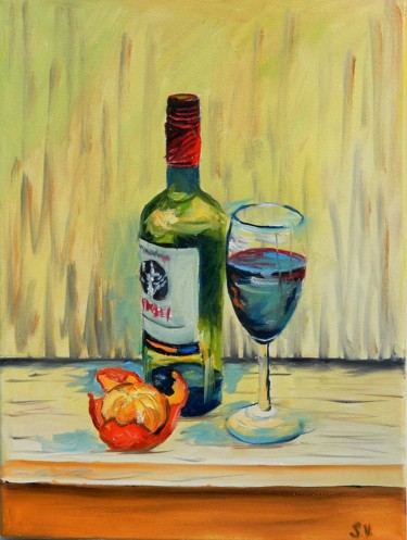 Картина под названием "Still life with win…" - Vita Schagen, Подлинное произведение искусства, Масло