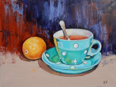 Pintura intitulada "Tea cup with lemon." por Vita Schagen, Obras de arte originais, Óleo