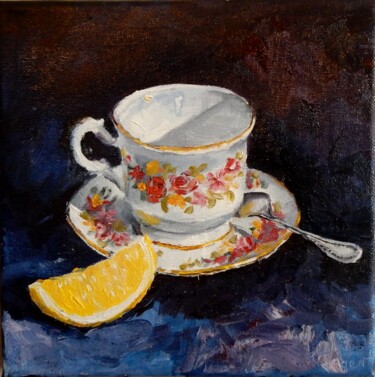 Pintura intitulada "Tea cup with lemon.…" por Vita Schagen, Obras de arte originais, Óleo