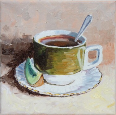 Pintura intitulada "Tea cup with kiwi." por Vita Schagen, Obras de arte originais, Óleo