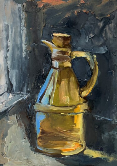 Schilderij getiteld "Yellow glass bottle" door Vita Schagen, Origineel Kunstwerk, Olie