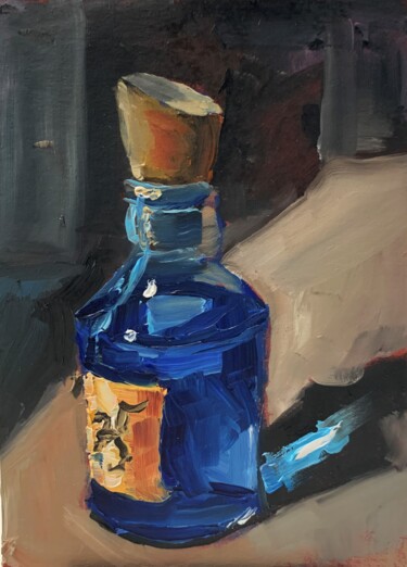 Schilderij getiteld "Blue glass bottle" door Vita Schagen, Origineel Kunstwerk, Olie