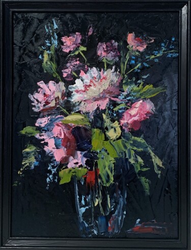 Painting titled "Flowers on black." by Vita Schagen, Original Artwork, Oil