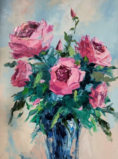 Painting titled "Roses." by Vita Schagen, Original Artwork, Oil Mounted on Wood Stretcher frame