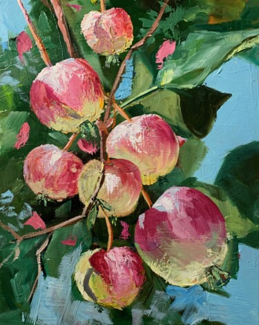 Painting titled "Landscape. Apple Tr…" by Vita Schagen, Original Artwork, Oil Mounted on Wood Stretcher frame