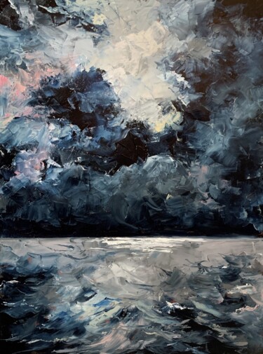 Картина под названием "Night seascape. Wav…" - Vita Schagen, Подлинное произведение искусства, Масло Установлен на Деревянна…