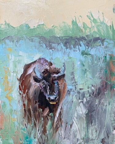 Painting titled "Buffalo." by Vita Schagen, Original Artwork, Oil Mounted on Cardboard