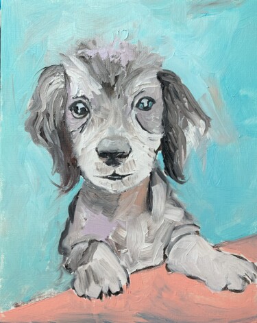 Painting titled "Little puppy." by Vita Schagen, Original Artwork, Oil Mounted on Cardboard