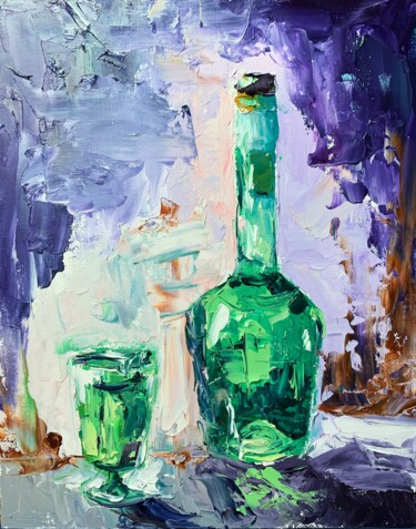 Painting titled "Green bottle. Brand…" by Vita Schagen, Original Artwork, Oil Mounted on Cardboard
