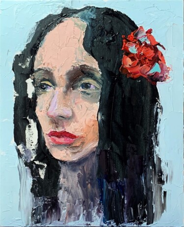 Painting titled "Woman portrait with…" by Vita Schagen, Original Artwork, Oil Mounted on Cardboard