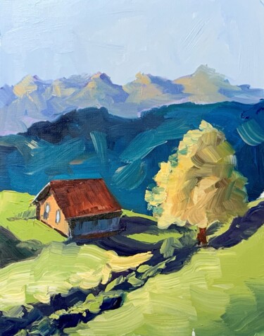Painting titled "Landscape" by Vita Schagen, Original Artwork, Oil Mounted on Cardboard