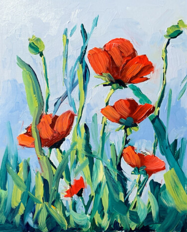 Картина под названием "Red poppies flowers." - Vita Schagen, Подлинное произведение искусства, Масло Установлен на картон