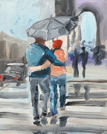 Painting titled "Couple on the stree…" by Vita Schagen, Original Artwork, Oil Mounted on Cardboard