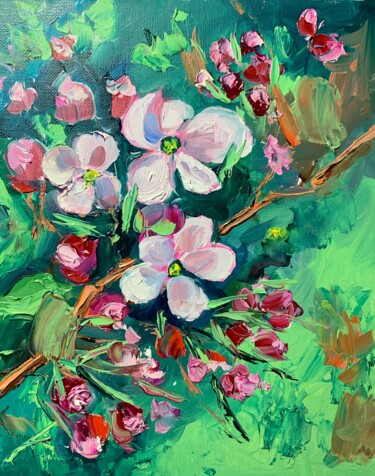 Painting titled "Apple blossom. Gard…" by Vita Schagen, Original Artwork, Oil Mounted on Cardboard