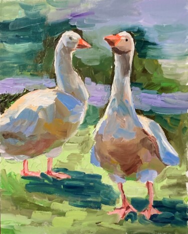 Pittura intitolato "Geese." da Vita Schagen, Opera d'arte originale, Olio Montato su Cartone