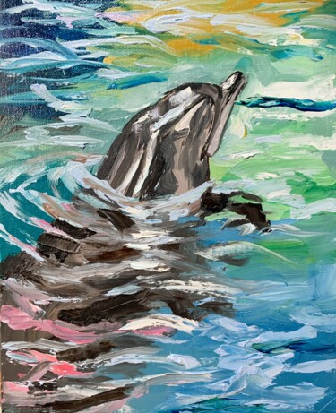 Painting titled "Dolphin oil paintin…" by Vita Schagen, Original Artwork, Oil Mounted on Cardboard