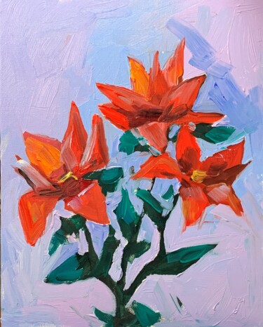 Painting titled "Red flowers." by Vita Schagen, Original Artwork, Oil Mounted on Cardboard