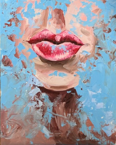 Painting titled "Red lips. Woman por…" by Vita Schagen, Original Artwork, Oil Mounted on Cardboard