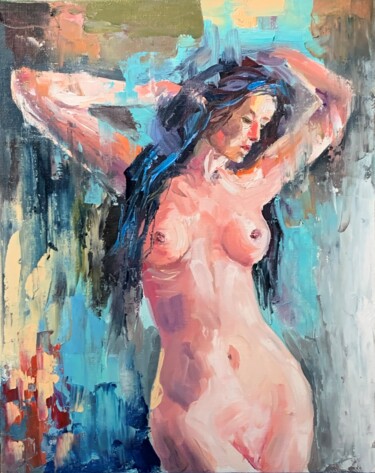 Schilderij getiteld "Nude (2)" door Vita Schagen, Origineel Kunstwerk, Olie Gemonteerd op Karton