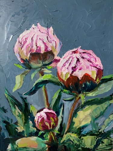 Painting titled "Peonies flowers. Or…" by Vita Schagen, Original Artwork, Oil