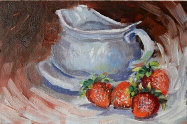 「Strawberries still…」というタイトルの絵画 Vita Schagenによって, オリジナルのアートワーク, オイル ウッドパネルにマウント