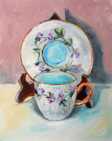 Painting titled "Teacup and saucer .…" by Vita Schagen, Original Artwork, Oil Mounted on Cardboard