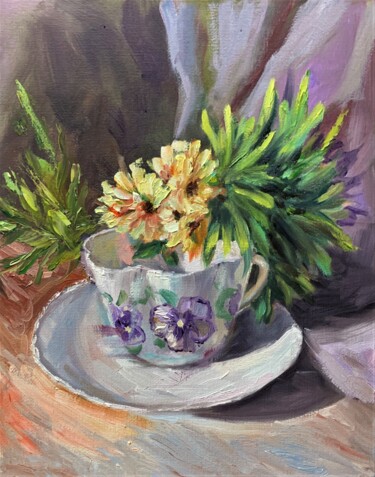 Painting titled "Teacup with yellow…" by Vita Schagen, Original Artwork, Oil Mounted on Cardboard