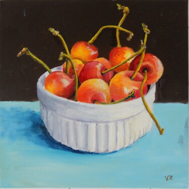 Peinture intitulée "Cherries in a bowl." par Vita Schagen, Œuvre d'art originale, Huile Monté sur Carton