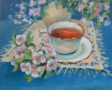 Schilderij getiteld "Teacup with flowers…" door Vita Schagen, Origineel Kunstwerk, Olie Gemonteerd op Karton
