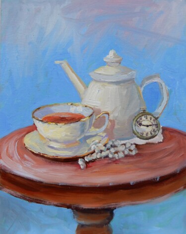 Painting titled "Teacup, wristwatch…" by Vita Schagen, Original Artwork, Oil Mounted on Cardboard