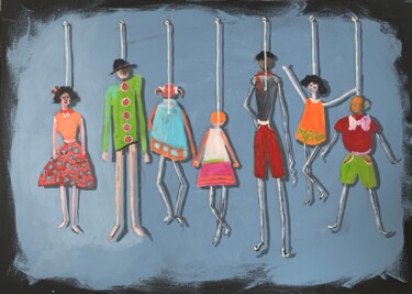 Schilderij getiteld "Dolls." door Vita Schagen, Origineel Kunstwerk, Acryl Gemonteerd op Frame voor houten brancard
