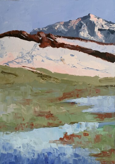 Painting titled "Mountains. Alps. La…" by Vita Schagen, Original Artwork, Oil Mounted on Wood Stretcher frame