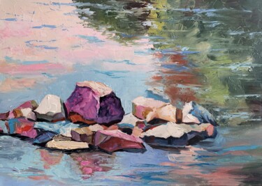 Painting titled "Rocks in the lake.…" by Vita Schagen, Original Artwork, Oil Mounted on Wood Stretcher frame