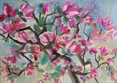 Painting titled "Magnolia blossom. L…" by Vita Schagen, Original Artwork, Oil Mounted on Wood Stretcher frame