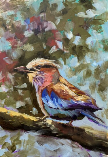 Painting titled "Bird on the branch." by Vita Schagen, Original Artwork, Oil