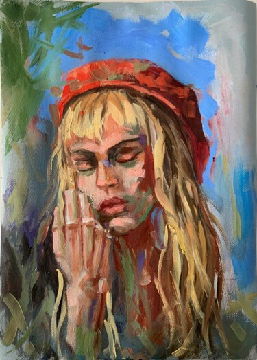 Painting titled "Woman in a red hat.…" by Vita Schagen, Original Artwork, Oil