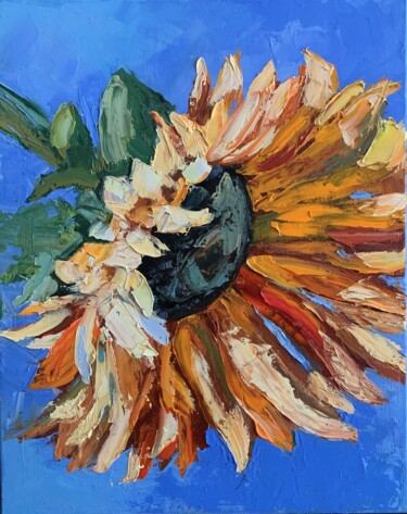 Painting titled "Sunflower." by Vita Schagen, Original Artwork, Oil Mounted on Wood Stretcher frame