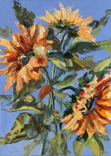 Painting titled "Sunflowers." by Vita Schagen, Original Artwork, Oil Mounted on Wood Stretcher frame