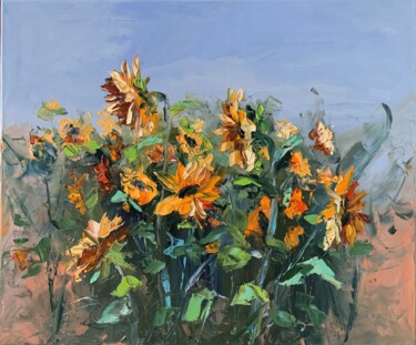 Painting titled "Sunflower field. Bl…" by Vita Schagen, Original Artwork, Oil Mounted on Wood Stretcher frame
